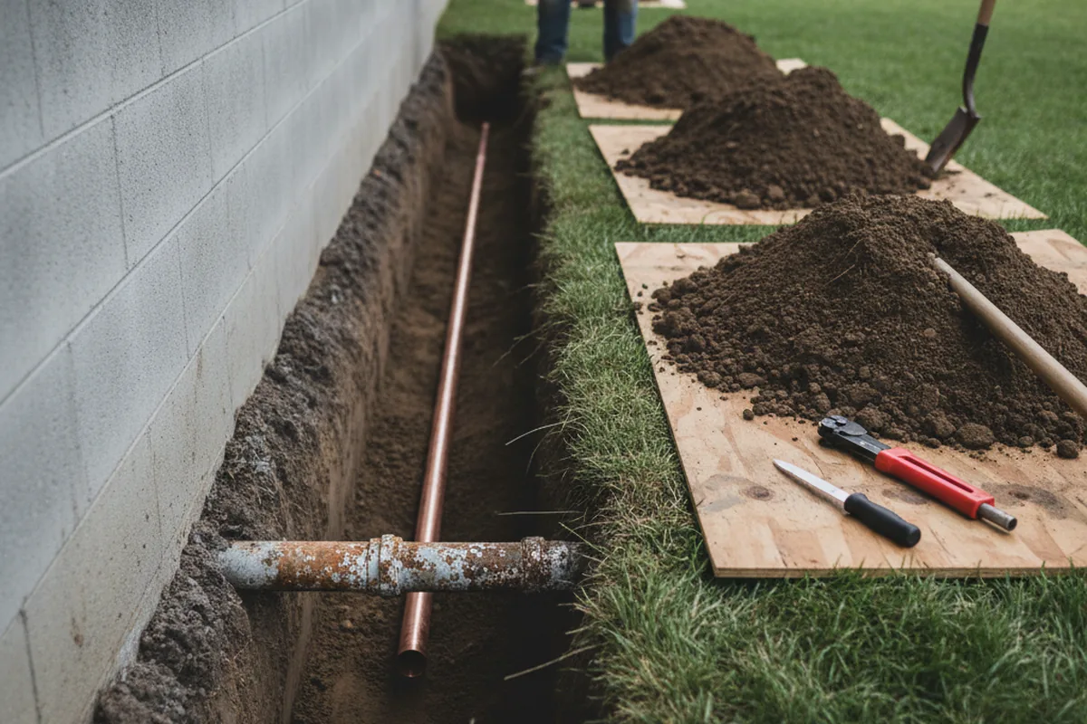 Excavated water line trench during Water Softener Installation in Brightwaters